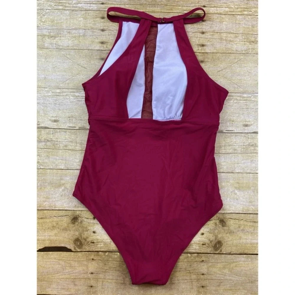 Women's High Cut One Piece Bathing Suit Dark Red Women's Size Medium‎ Halter